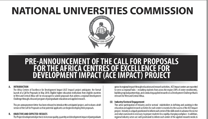Call for Proposals for the Africa Centers of Excellence for Development and Impact (ACE IMPACT)Project
